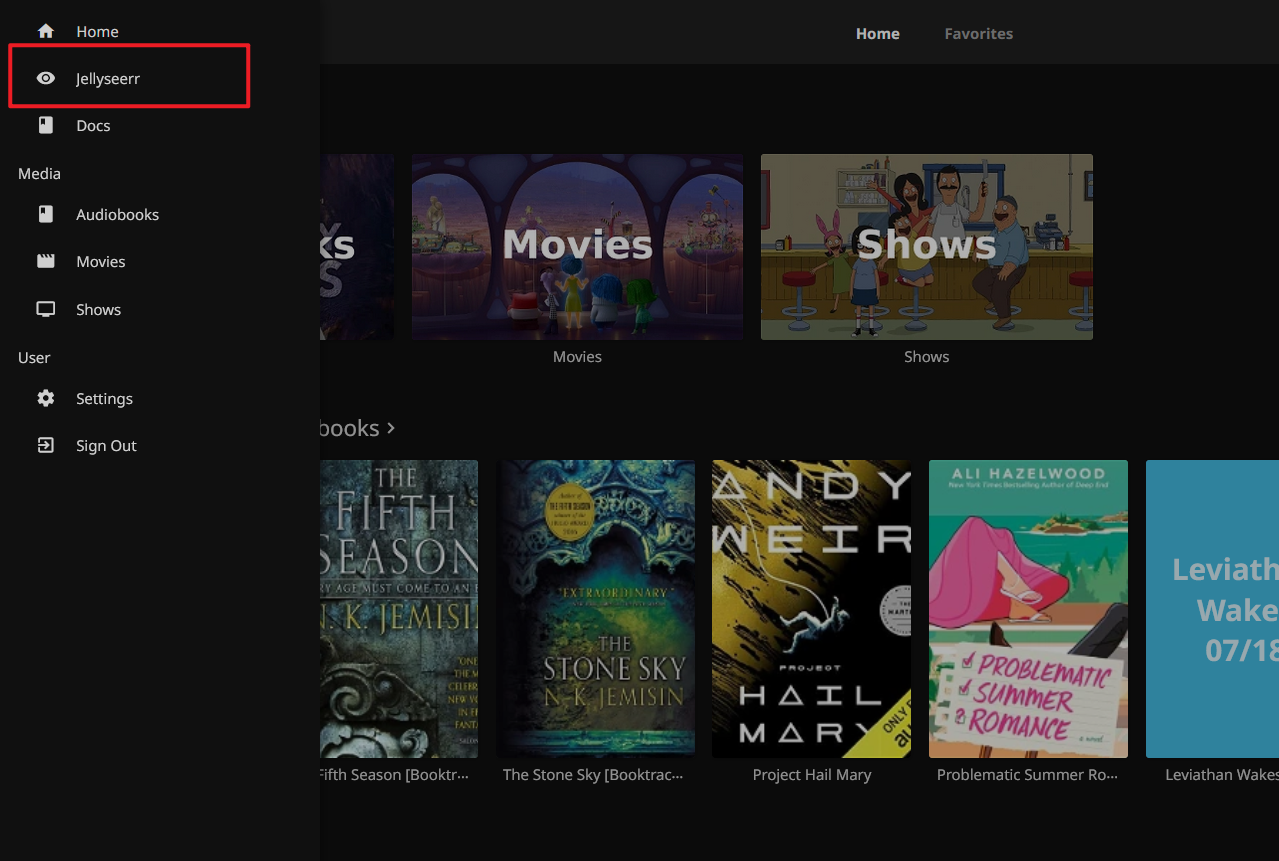 Odkaz na Jellyseerr najdete i v menu Jellyfinu